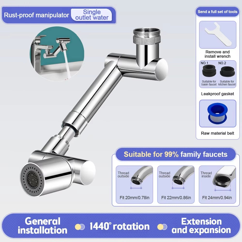 1440° Rotatable Scalable Metal Faucet Extender – Splash-Proof Water-Saving Tap Aerator for Kitchen & Bathroom