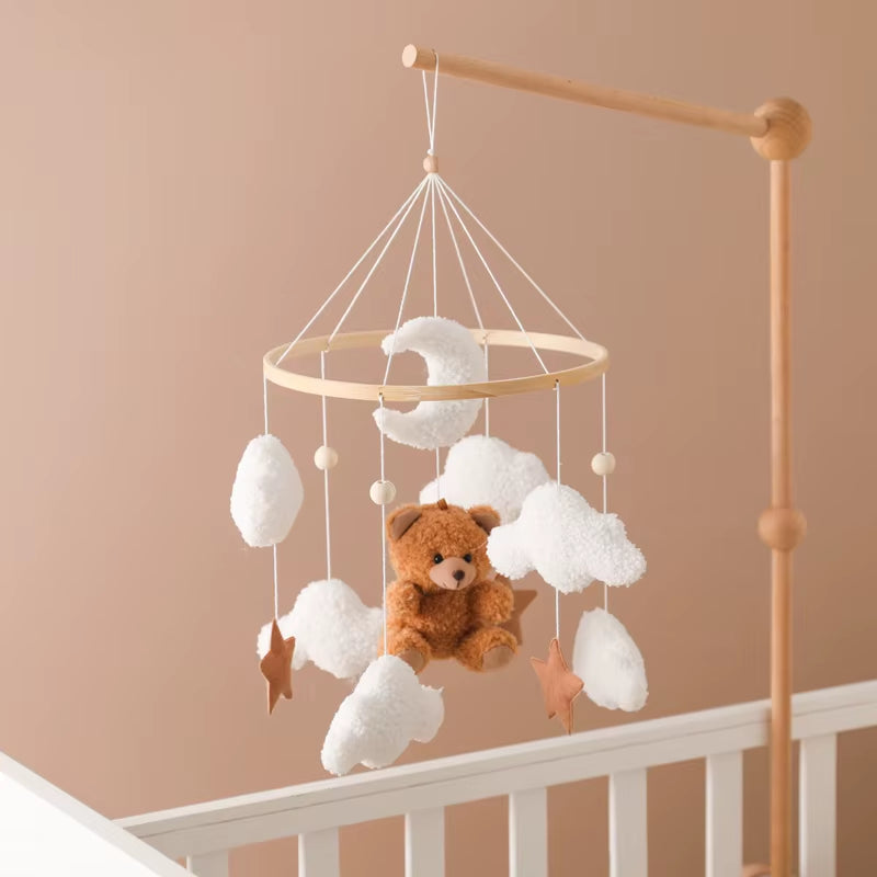 Wooden Baby Crib Mobile – Soft Felt Cartoon Bear Music Hanging Toy for Newborns