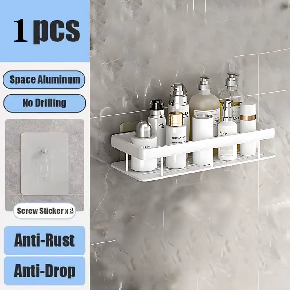 No-Drill Bathroom Shelf – Wall Mounted Aluminum Shower & Toilet Storage Rack