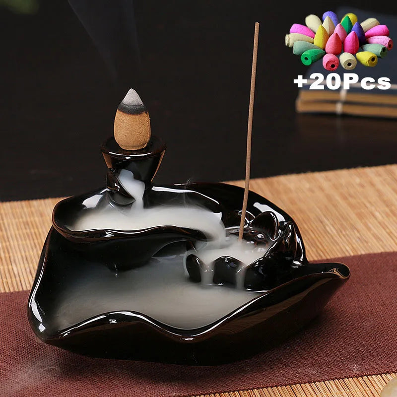 Ceramic Backflow Incense Burner with 20 Cones – Creative Home & Teahouse Decor, Meditation & Relaxation Aid