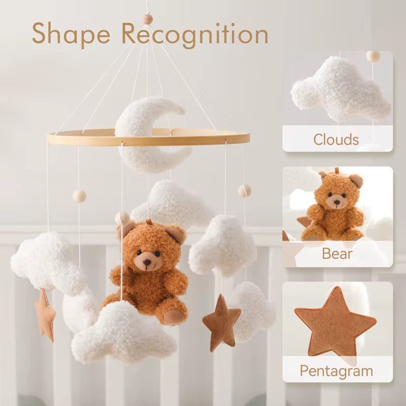 Wooden Baby Crib Mobile – Soft Felt Cartoon Bear Music Hanging Toy for Newborns