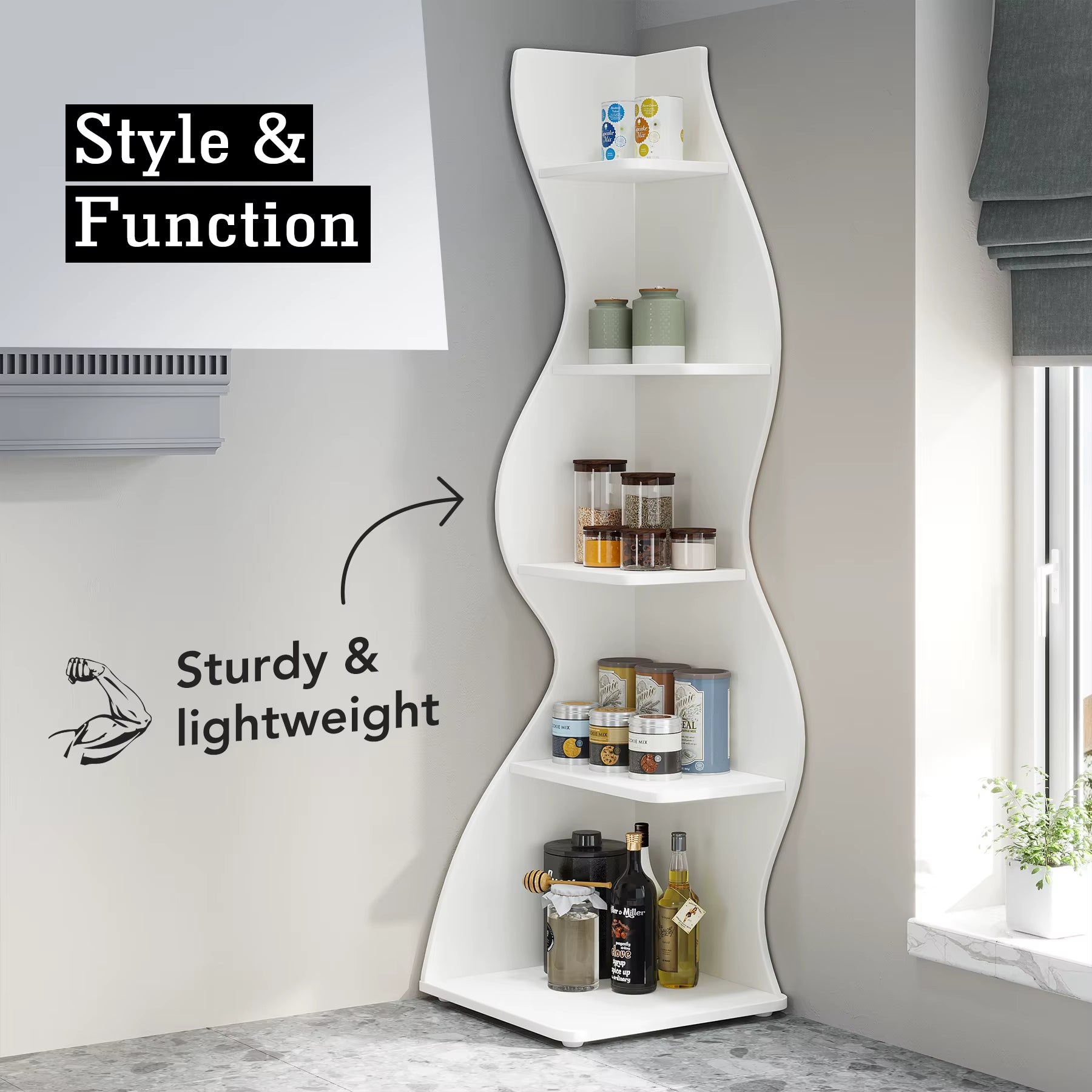 Modern 5-Tier Corner Shelf – White Wall Corner Bookshelf & Storage Unit