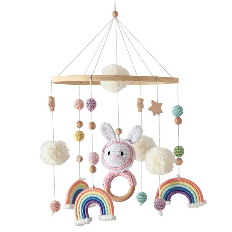 Wooden Baby Crib Mobile – Soft Felt Cartoon Bear Music Hanging Toy for Newborns