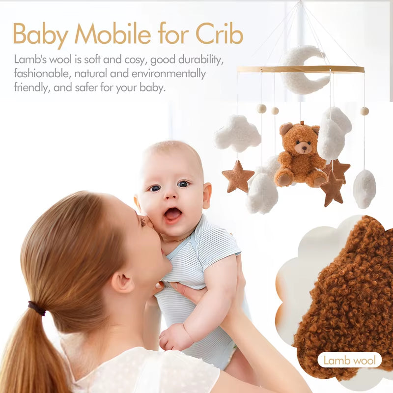 Wooden Baby Crib Mobile – Soft Felt Cartoon Bear Music Hanging Toy for Newborns