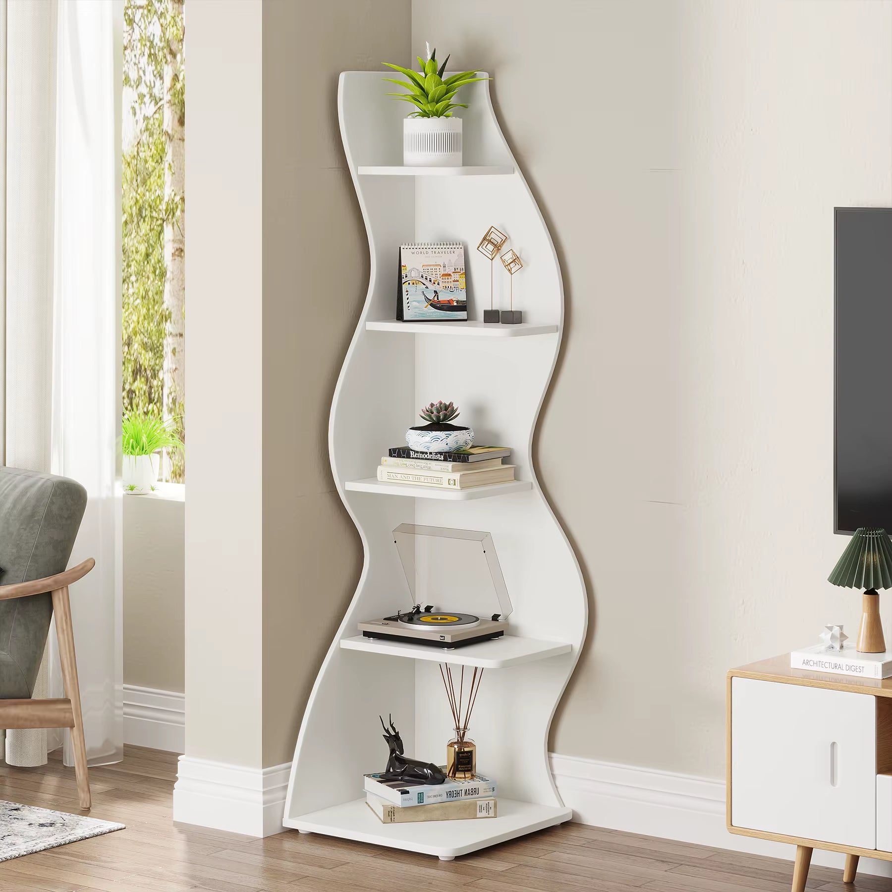 Modern 5-Tier Corner Shelf – White Wall Corner Bookshelf & Storage Unit