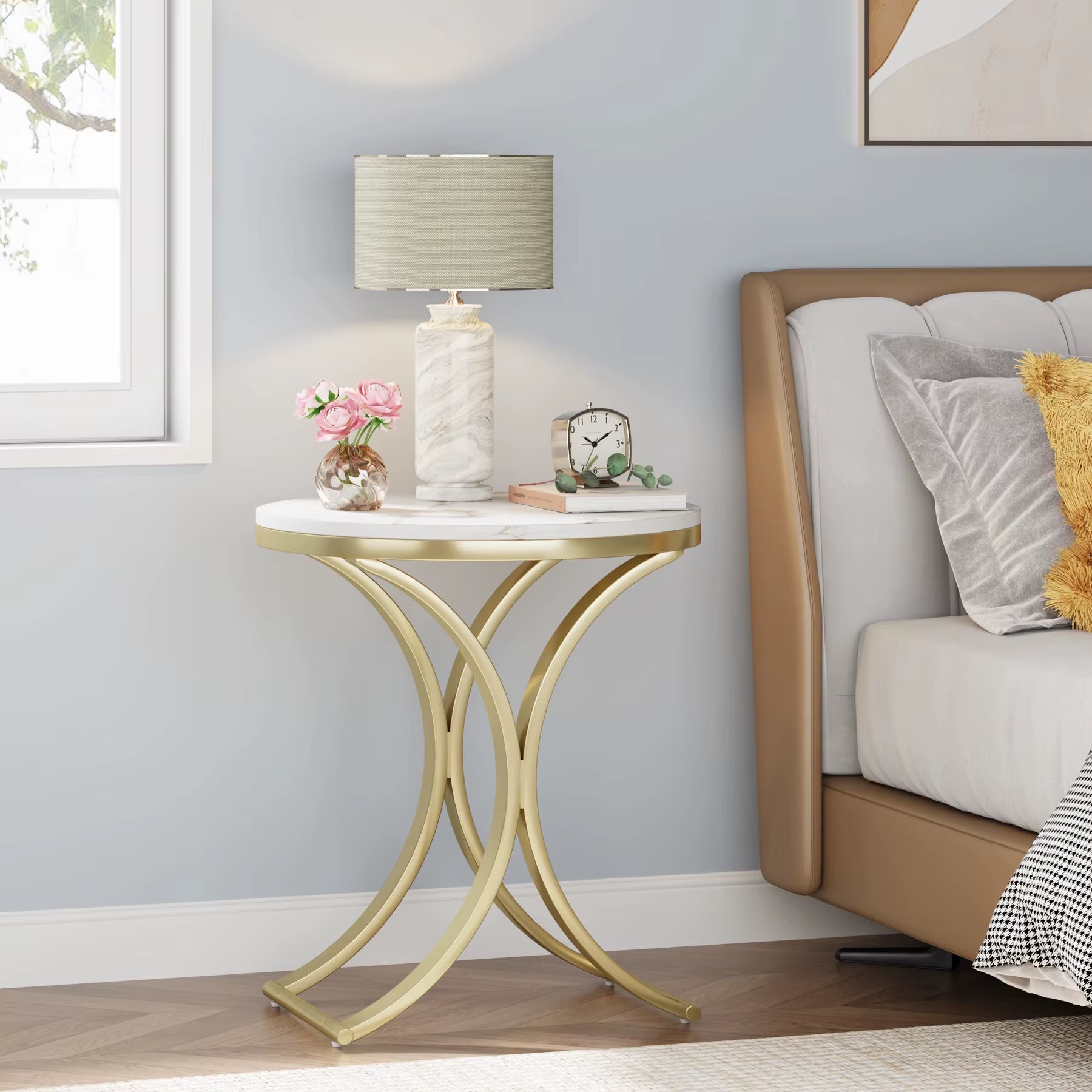 White Gold Side Table round End Table Modern Small Coffee Table Accent C Table Bedside Table