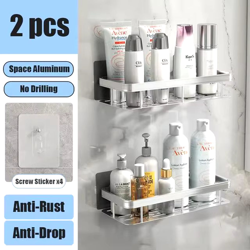 No-Drill Bathroom Shelf – Wall Mounted Aluminum Shower & Toilet Storage Rack