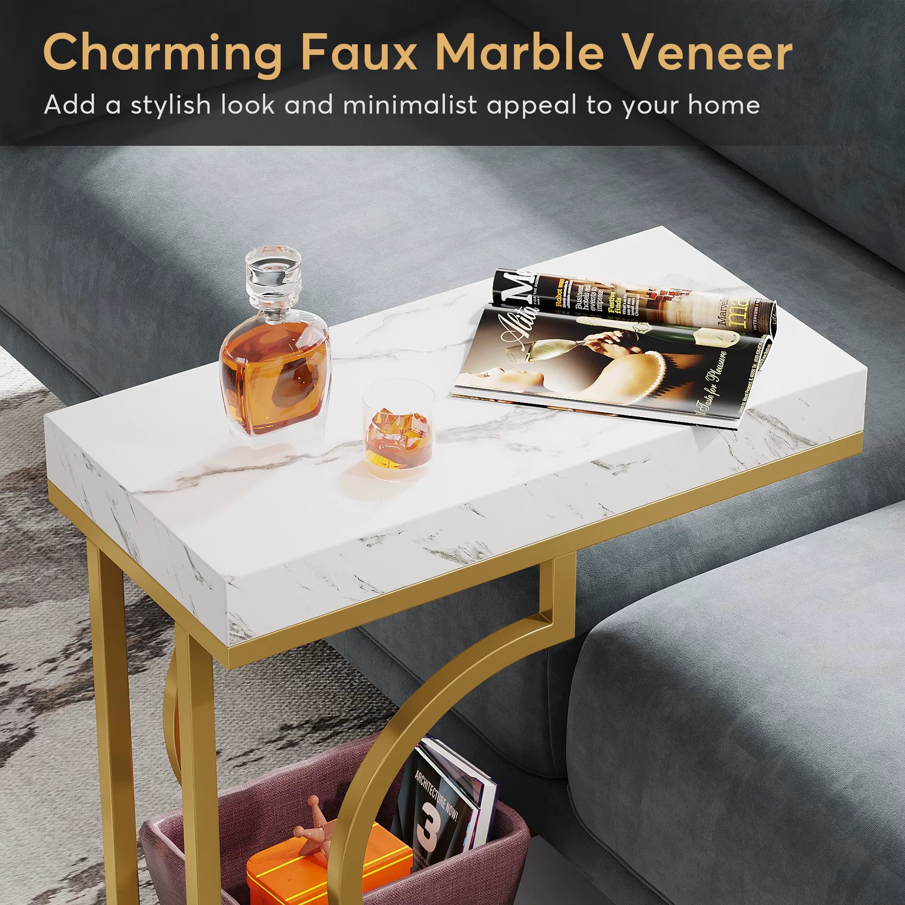 Modern C-Shaped Side Table – White & Gold Narrow End Table for Couch, Bedside, or Small Rooms