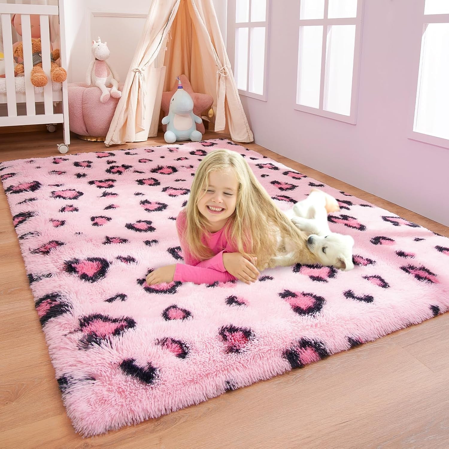 Pink Leopard Print Rug – Soft, Plush Area Rug for Kids’ Bedroom, Living Room, Nursery & Dorm