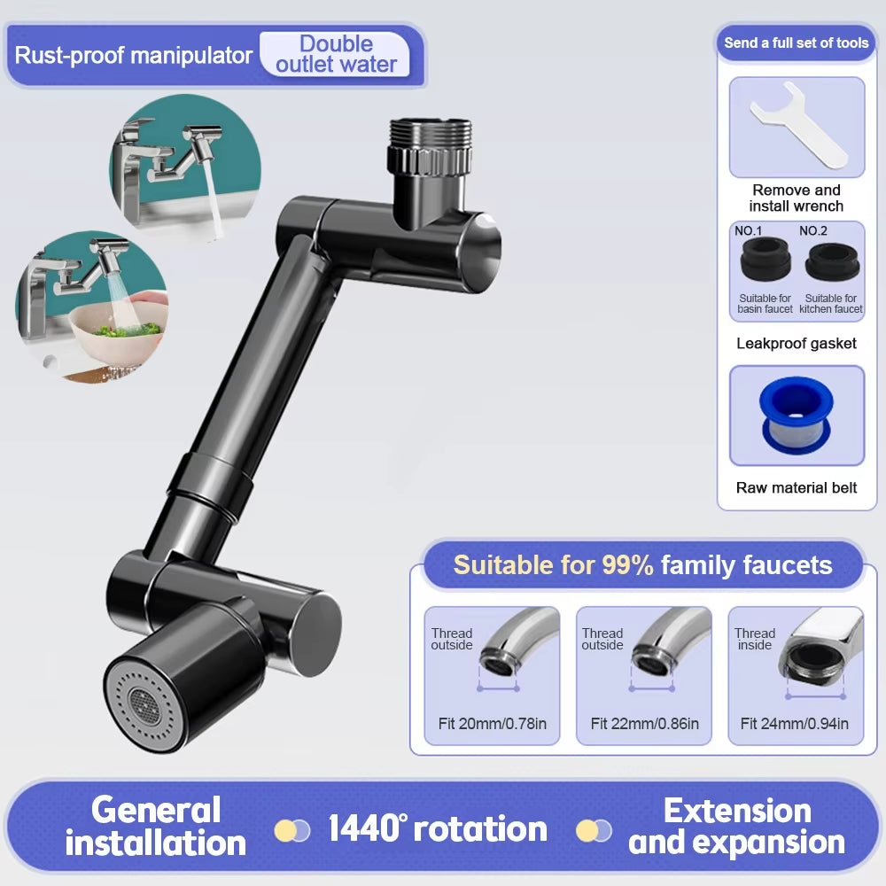 1440° Rotatable Scalable Metal Faucet Extender – Splash-Proof Water-Saving Tap Aerator for Kitchen & Bathroom