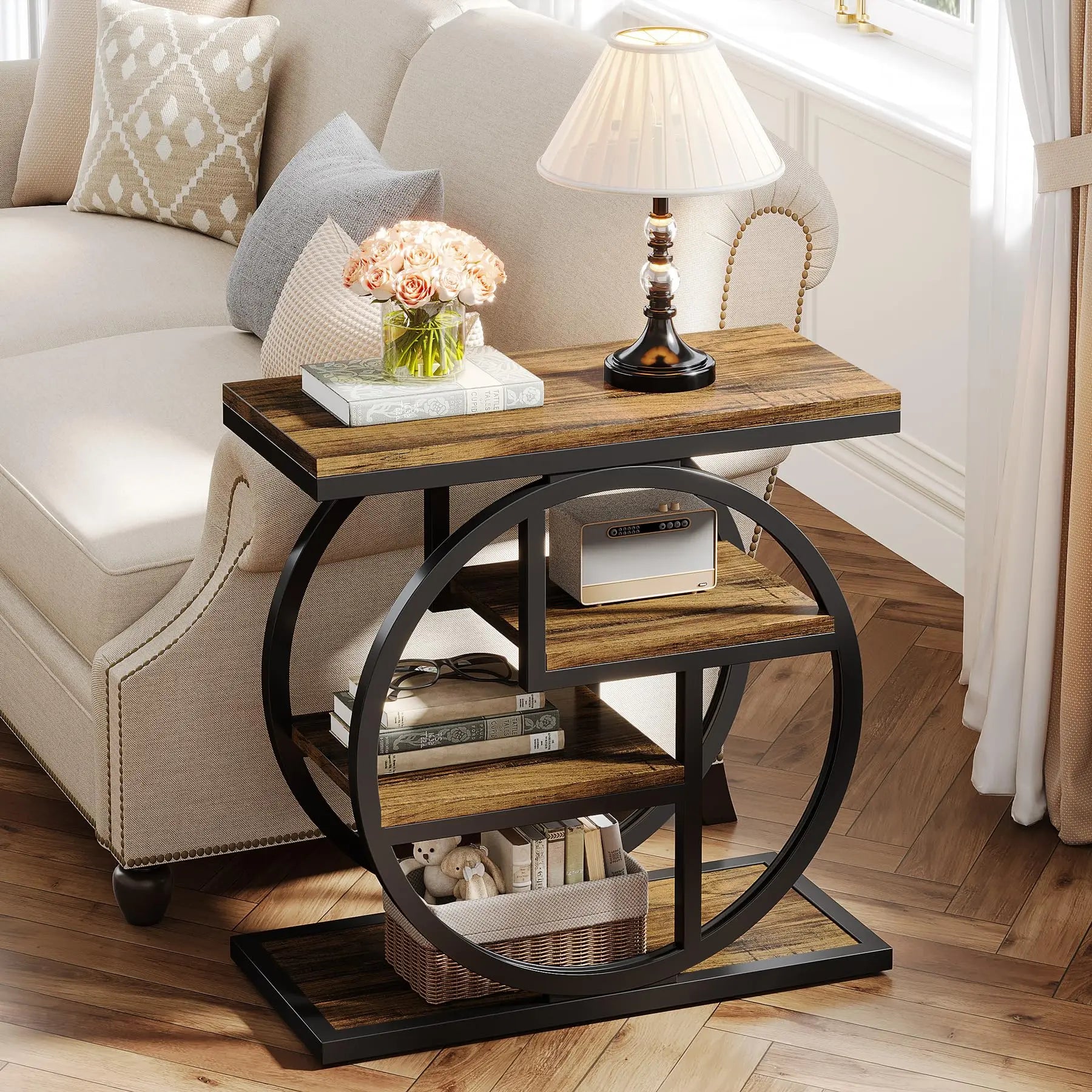 4-Tier Industrial End Table with Storage Shelves – Narrow Wooden Side Table for Living Room & Bedroom