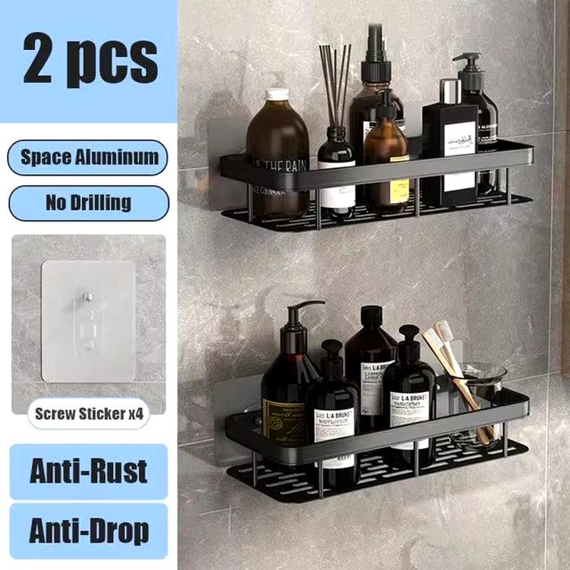 No-Drill Bathroom Shelf – Wall Mounted Aluminum Shower & Toilet Storage Rack