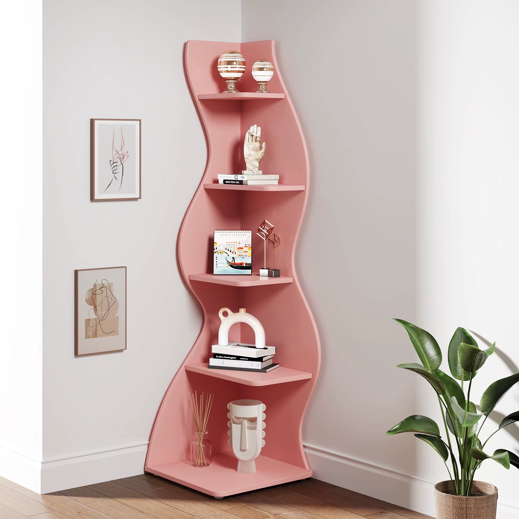 Modern 5-Tier Corner Shelf – White Wall Corner Bookshelf & Storage Unit