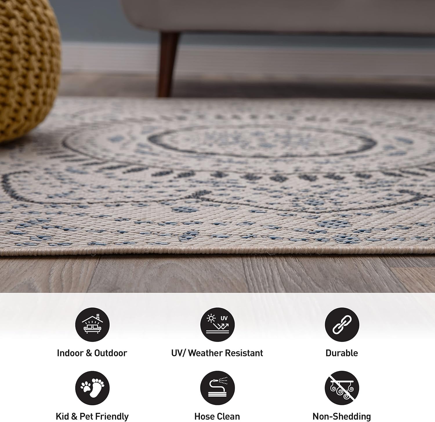 Medallion Indoor Outdoor Area Rug 5x7 – Easy-Clean Cream Patio, Deck & Balcony Rug