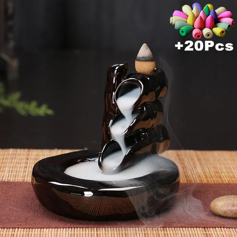 Ceramic Backflow Incense Burner with 20 Cones – Creative Home & Teahouse Decor, Meditation & Relaxation Aid