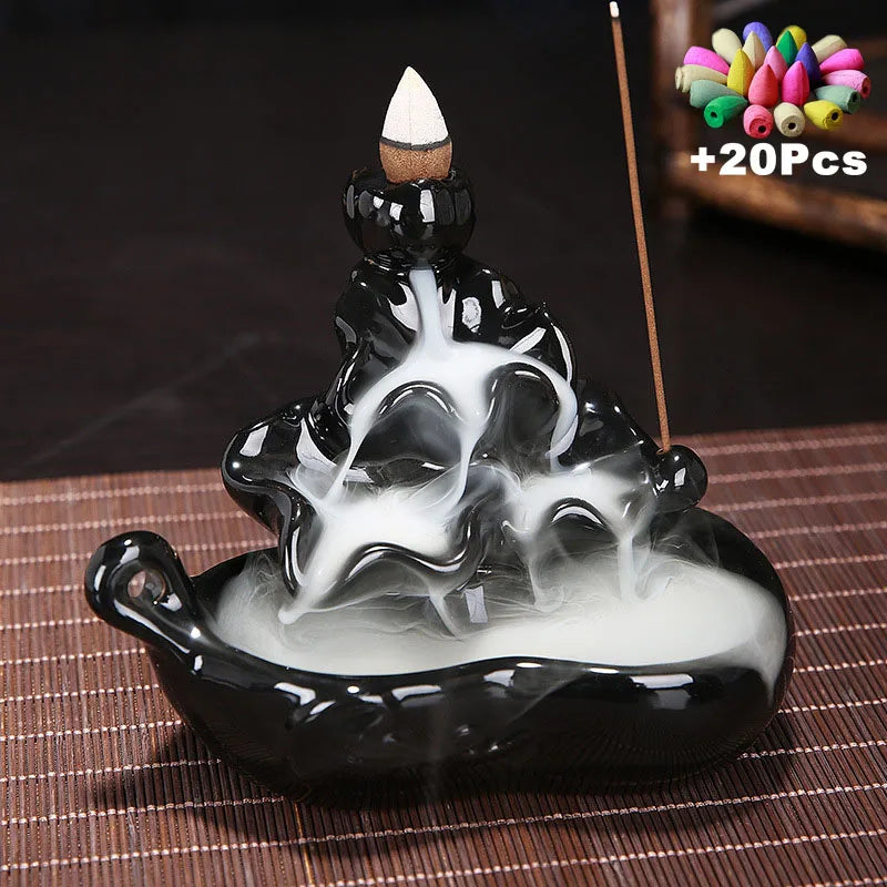 Ceramic Backflow Incense Burner with 20 Cones – Creative Home & Teahouse Decor, Meditation & Relaxation Aid