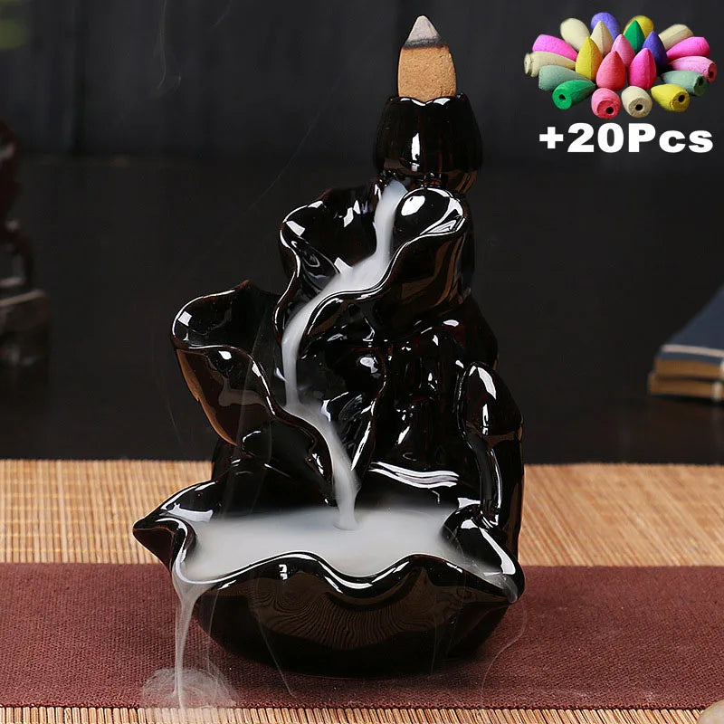Ceramic Backflow Incense Burner with 20 Cones – Creative Home & Teahouse Decor, Meditation & Relaxation Aid