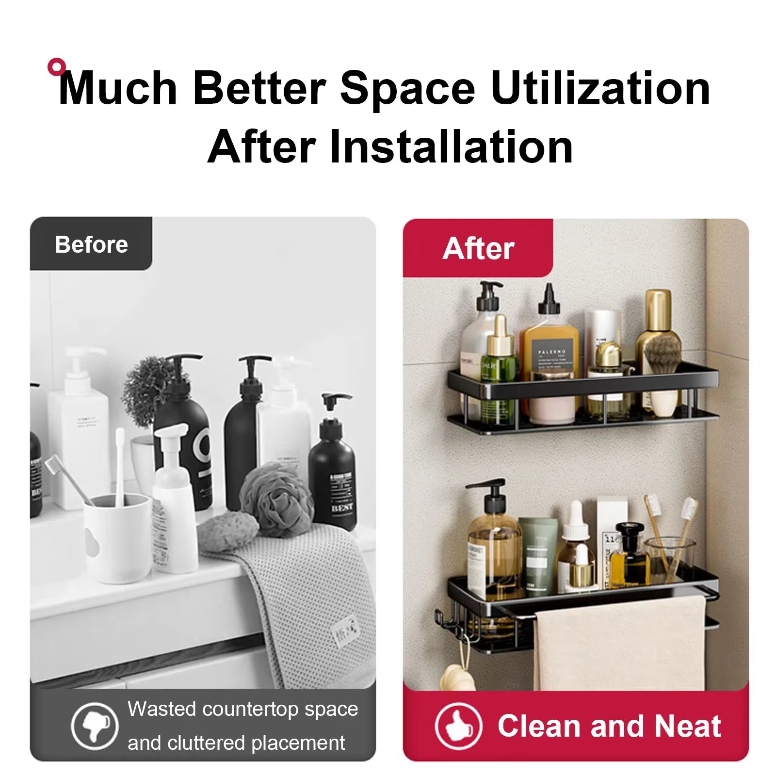 No-Drill Bathroom Shelf – Wall Mounted Aluminum Shower & Toilet Storage Rack