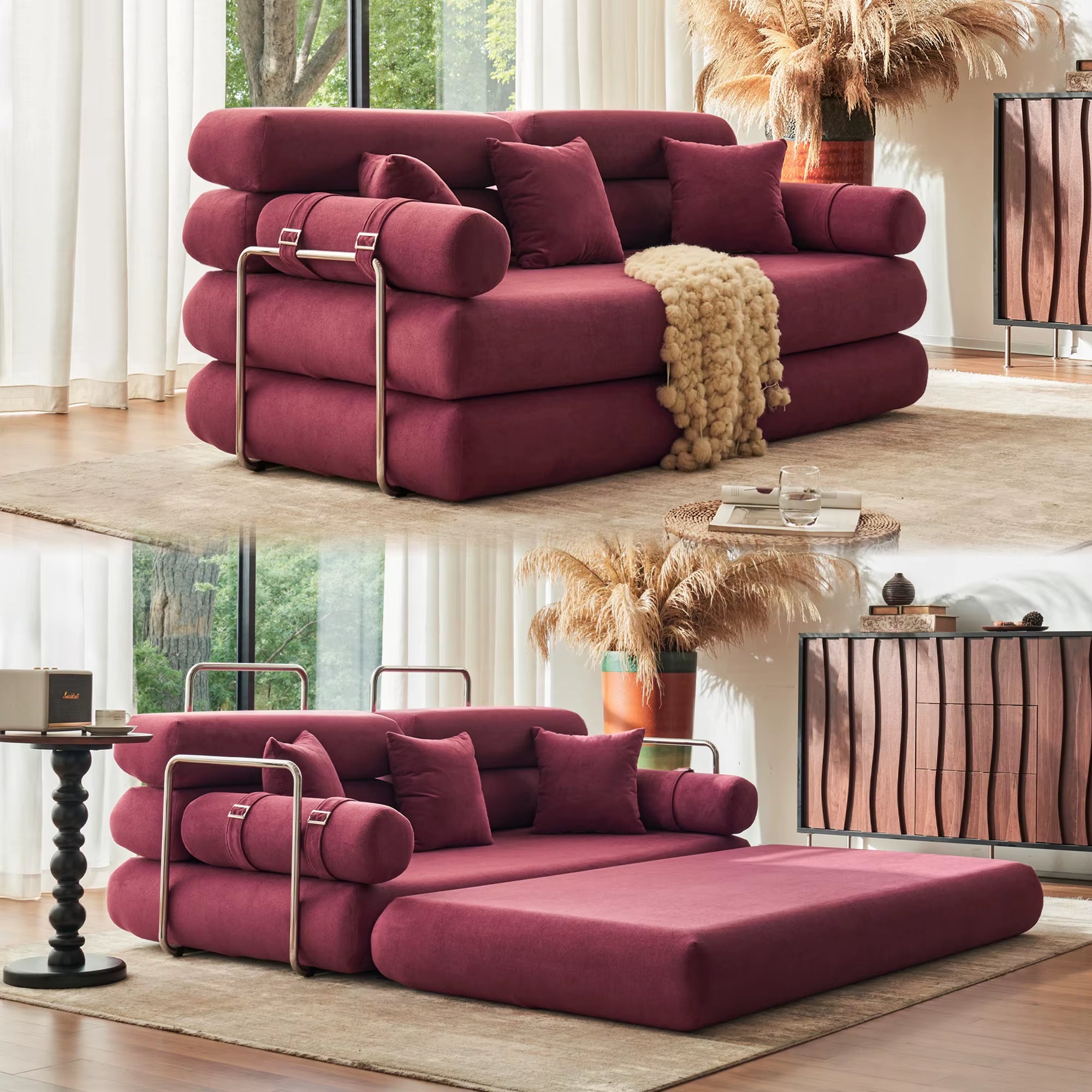 Convertible Sleeper Sofa – 35" High-Back Floor Couch Bed with Rounded Arm Supports