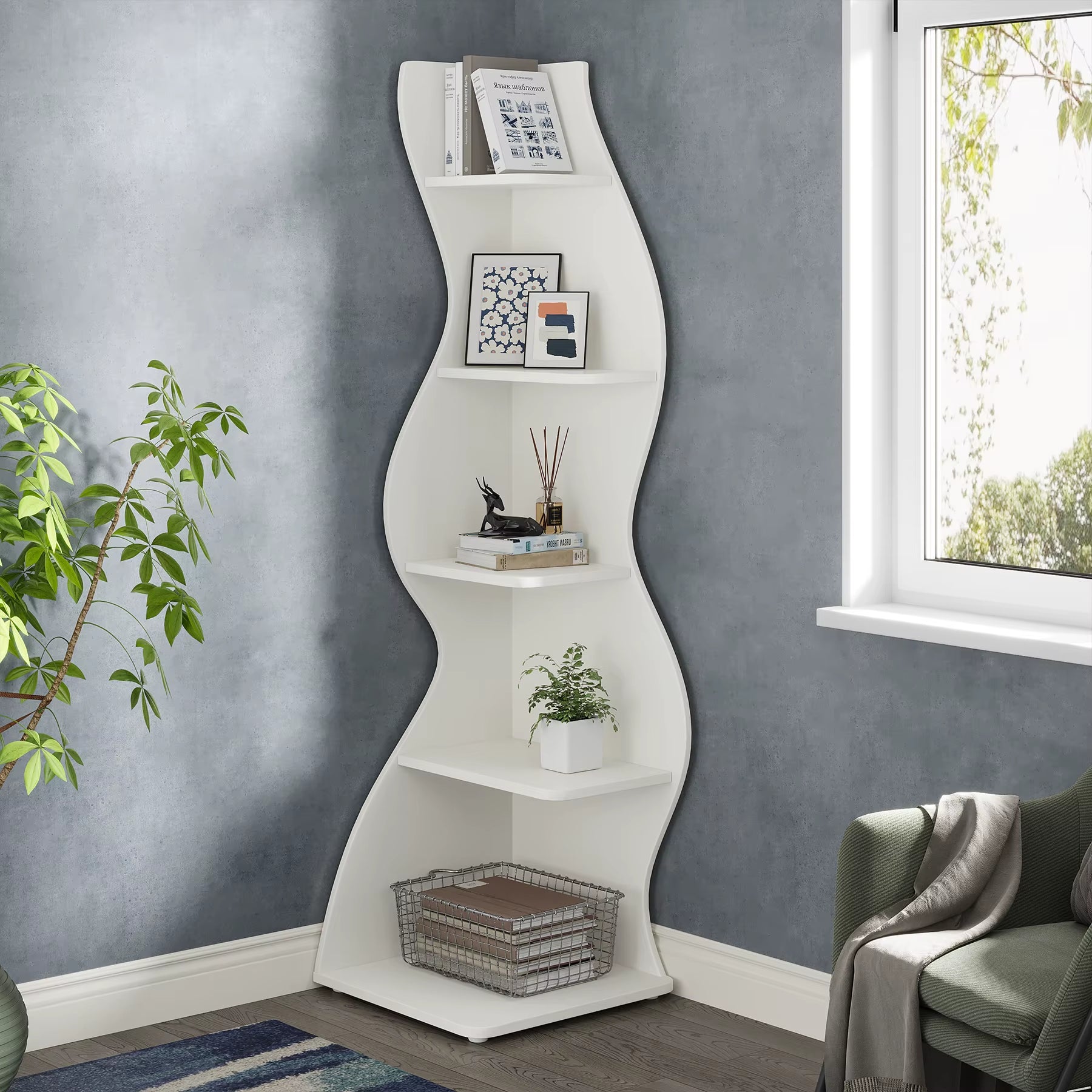 Modern 5-Tier Corner Shelf – White Wall Corner Bookshelf & Storage Unit