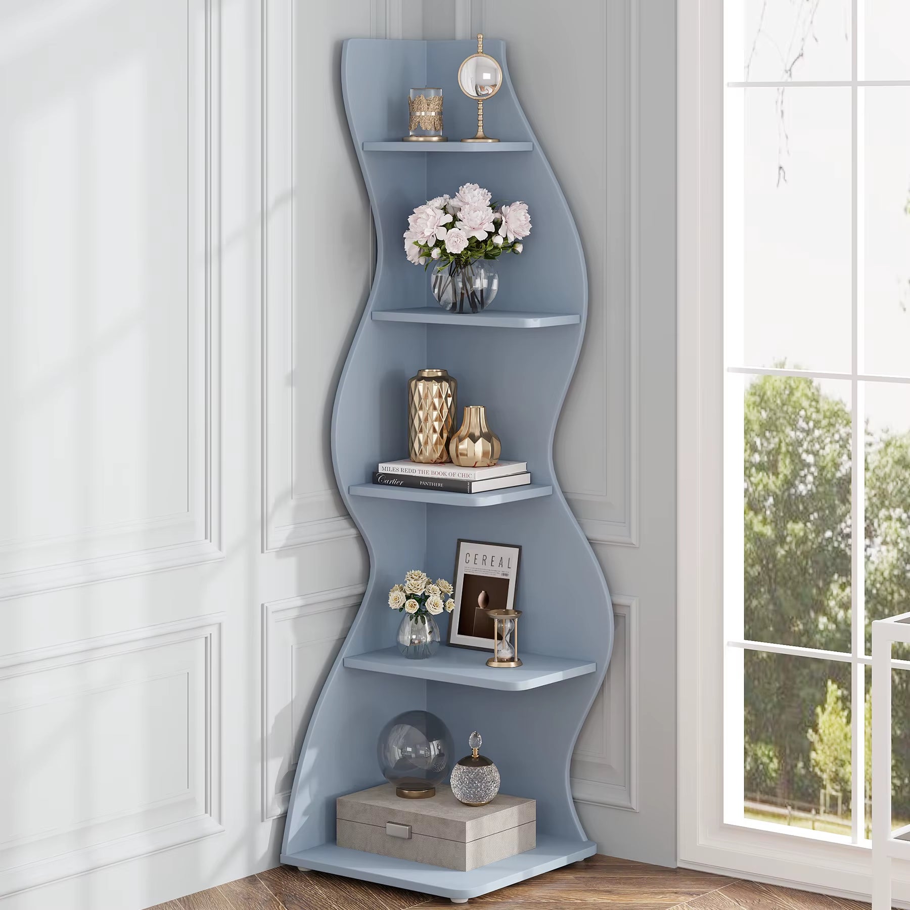 Modern 5-Tier Corner Shelf – White Wall Corner Bookshelf & Storage Unit