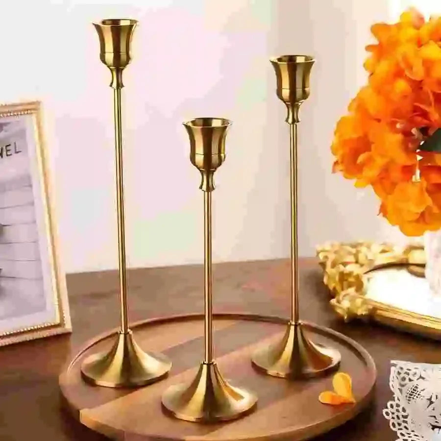 Set of 3 Vintage Metal Tabletop Candle Holders – Elegant Aluminum Candlesticks for Home, Wedding & Hotel Decor