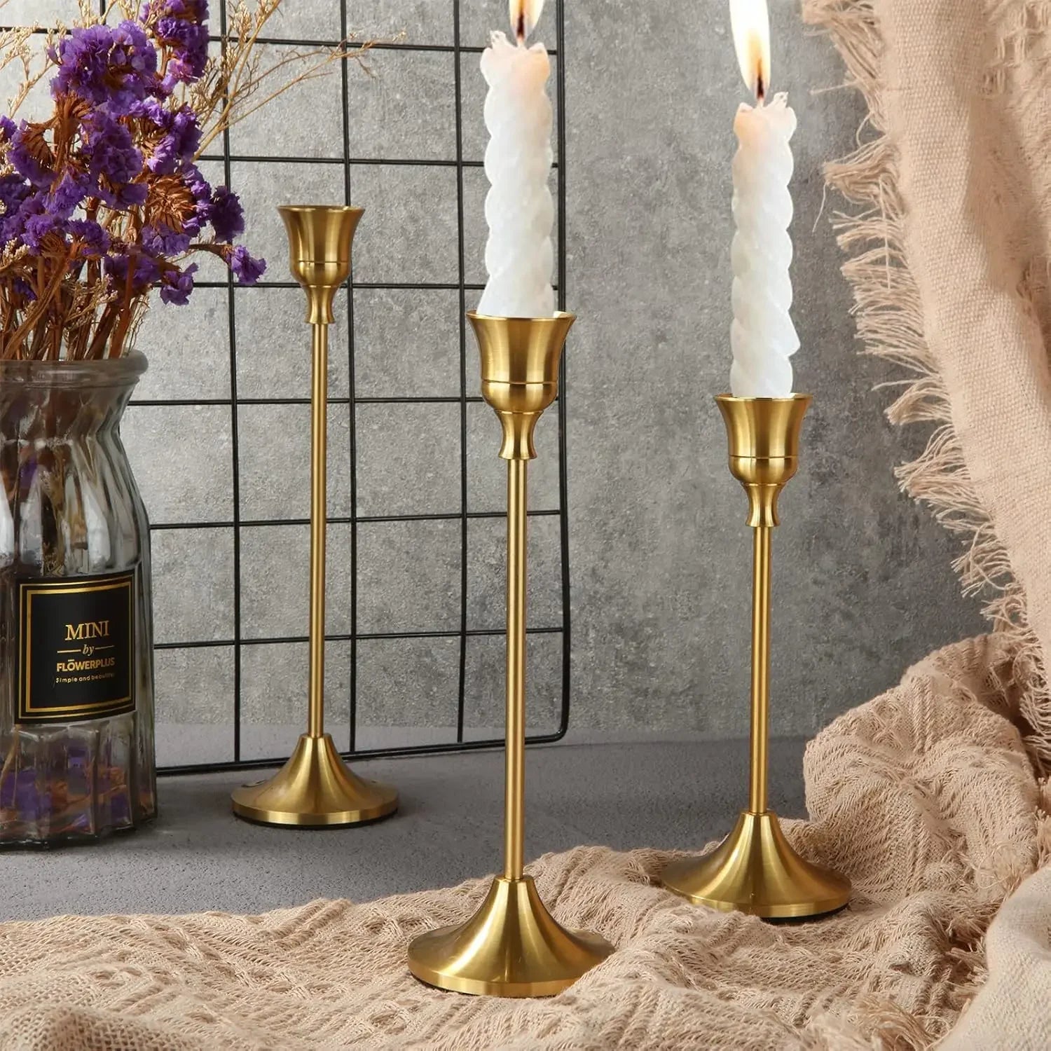 Set of 3 Vintage Metal Tabletop Candle Holders – Elegant Aluminum Candlesticks for Home, Wedding & Hotel Decor