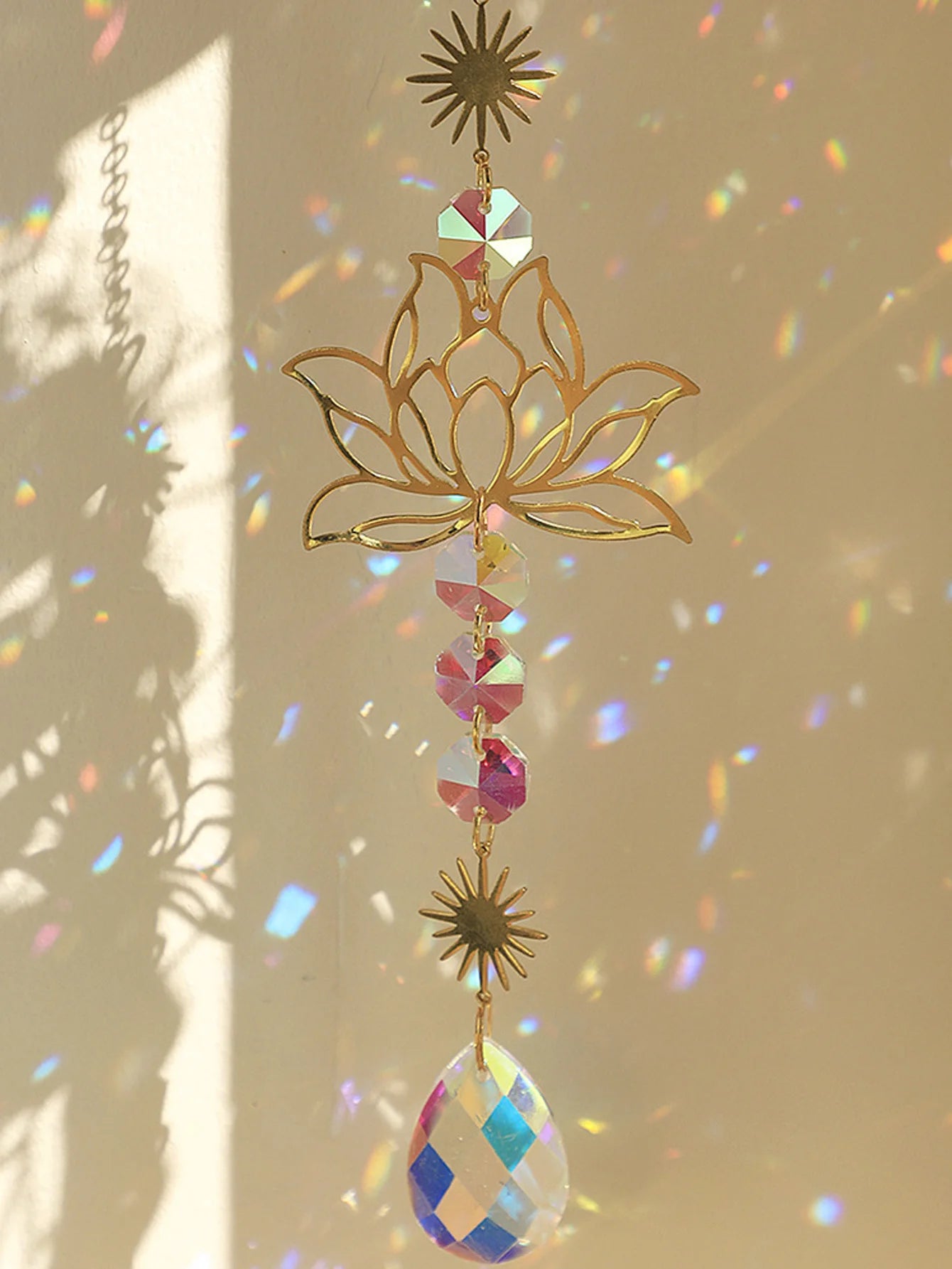 Golden Lotus Crystal Suncatcher – AB Rainbow Water Drop Light Catcher for Home, Garden & Meditation Decor