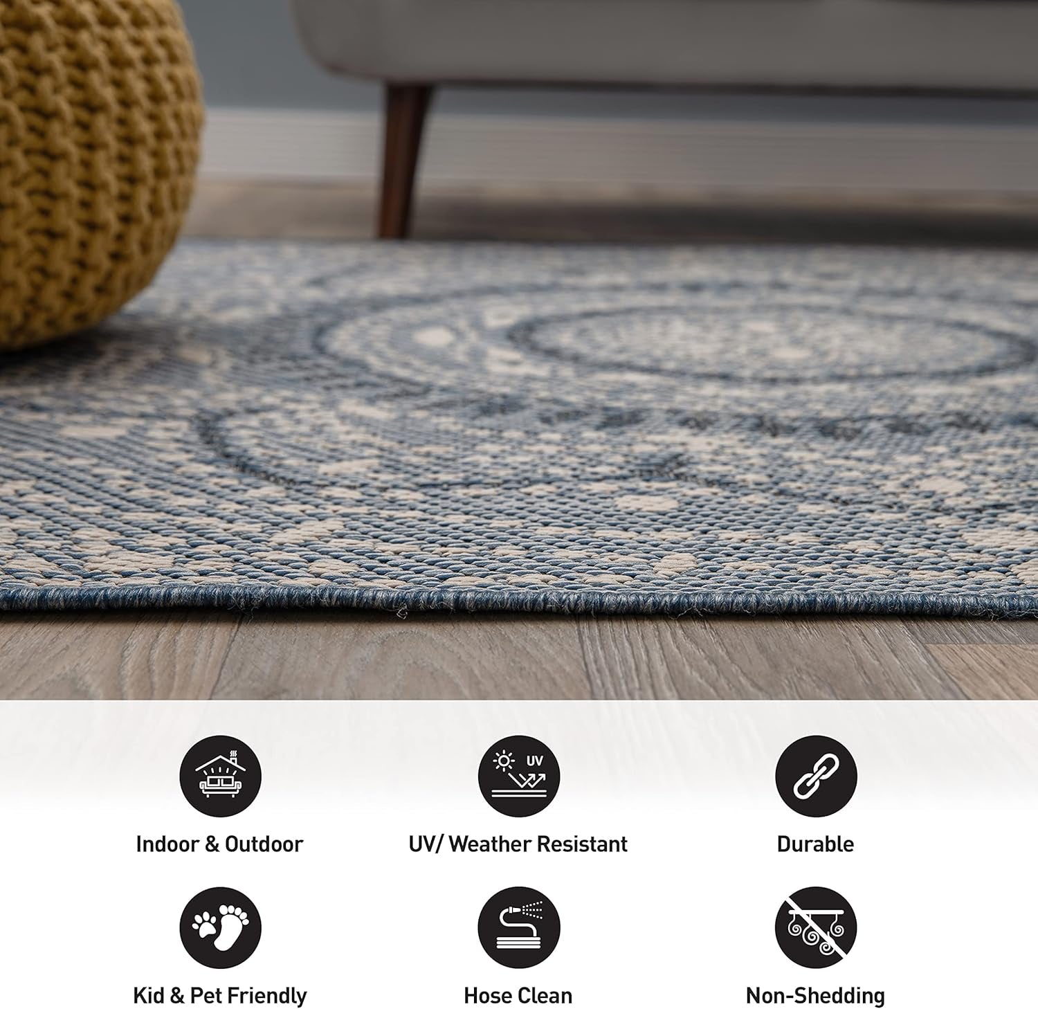 Blue Medallion Area Rug – Indoor/Outdoor Fade-Resistant Rug for Living Room, Dining Room & Office (7'10" x 10')