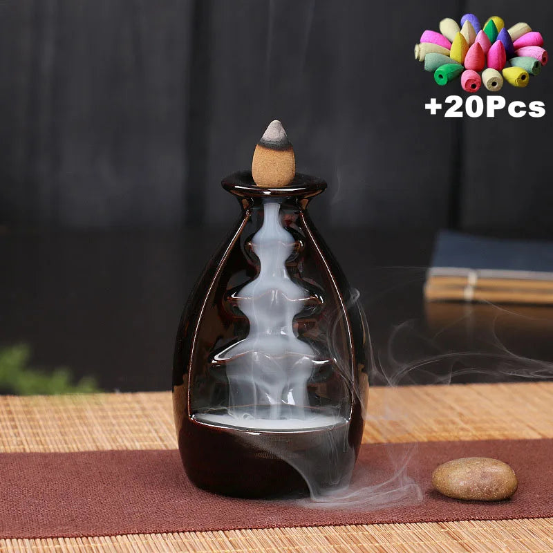Ceramic Backflow Incense Burner with 20 Cones – Creative Home & Teahouse Decor, Meditation & Relaxation Aid