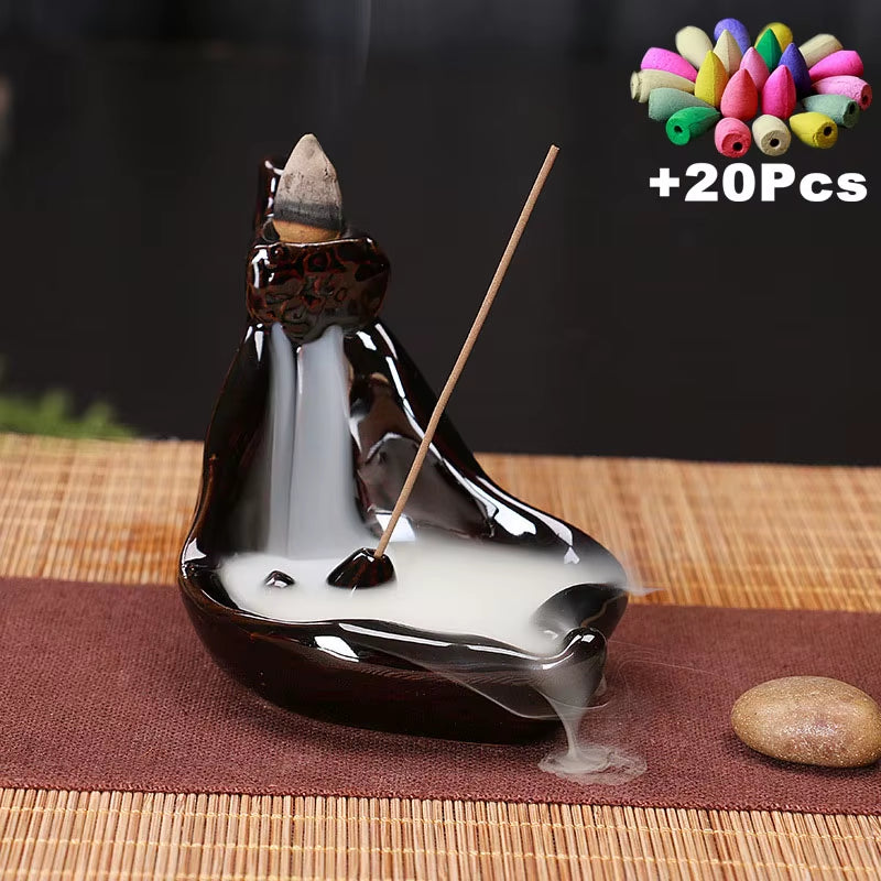 Ceramic Backflow Incense Burner with 20 Cones – Creative Home & Teahouse Decor, Meditation & Relaxation Aid