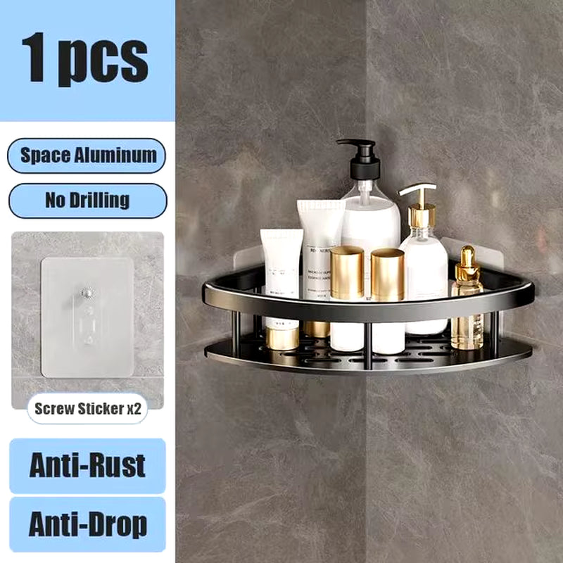 No-Drill Bathroom Shelf – Wall Mounted Aluminum Shower & Toilet Storage Rack