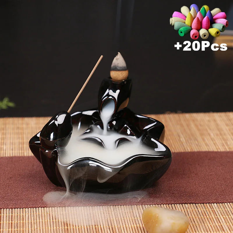 Ceramic Backflow Incense Burner with 20 Cones – Creative Home & Teahouse Decor, Meditation & Relaxation Aid