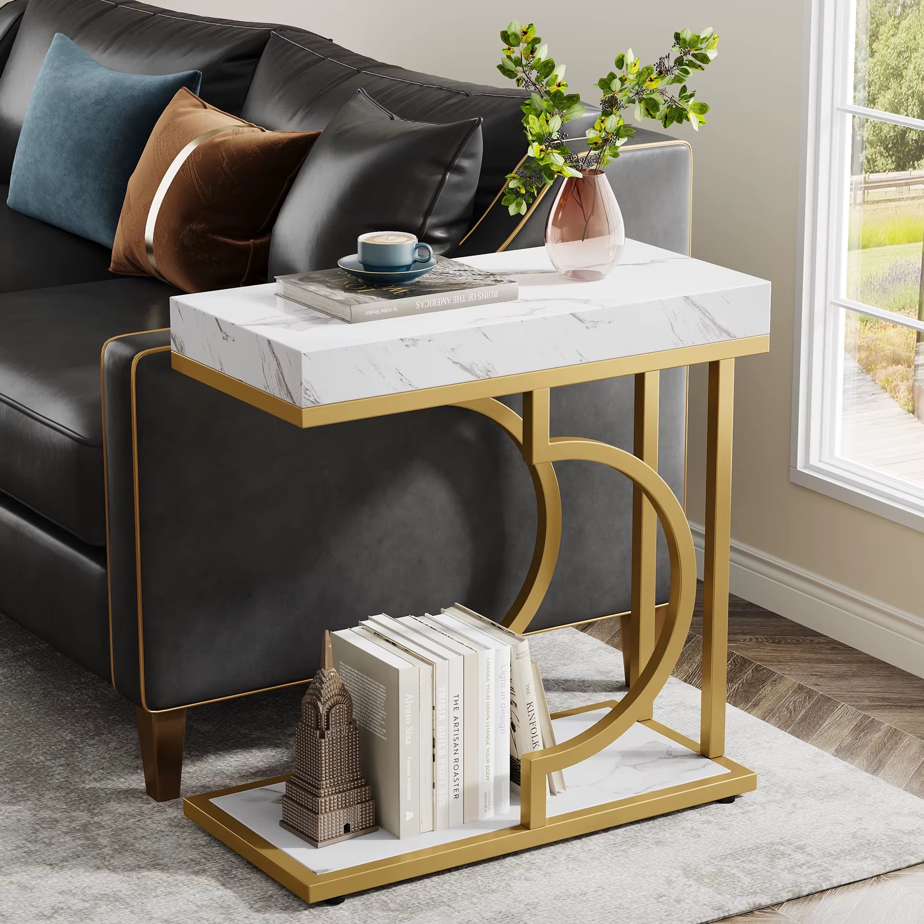 Modern C-Shaped Side Table – White & Gold Narrow End Table for Couch, Bedside, or Small Rooms