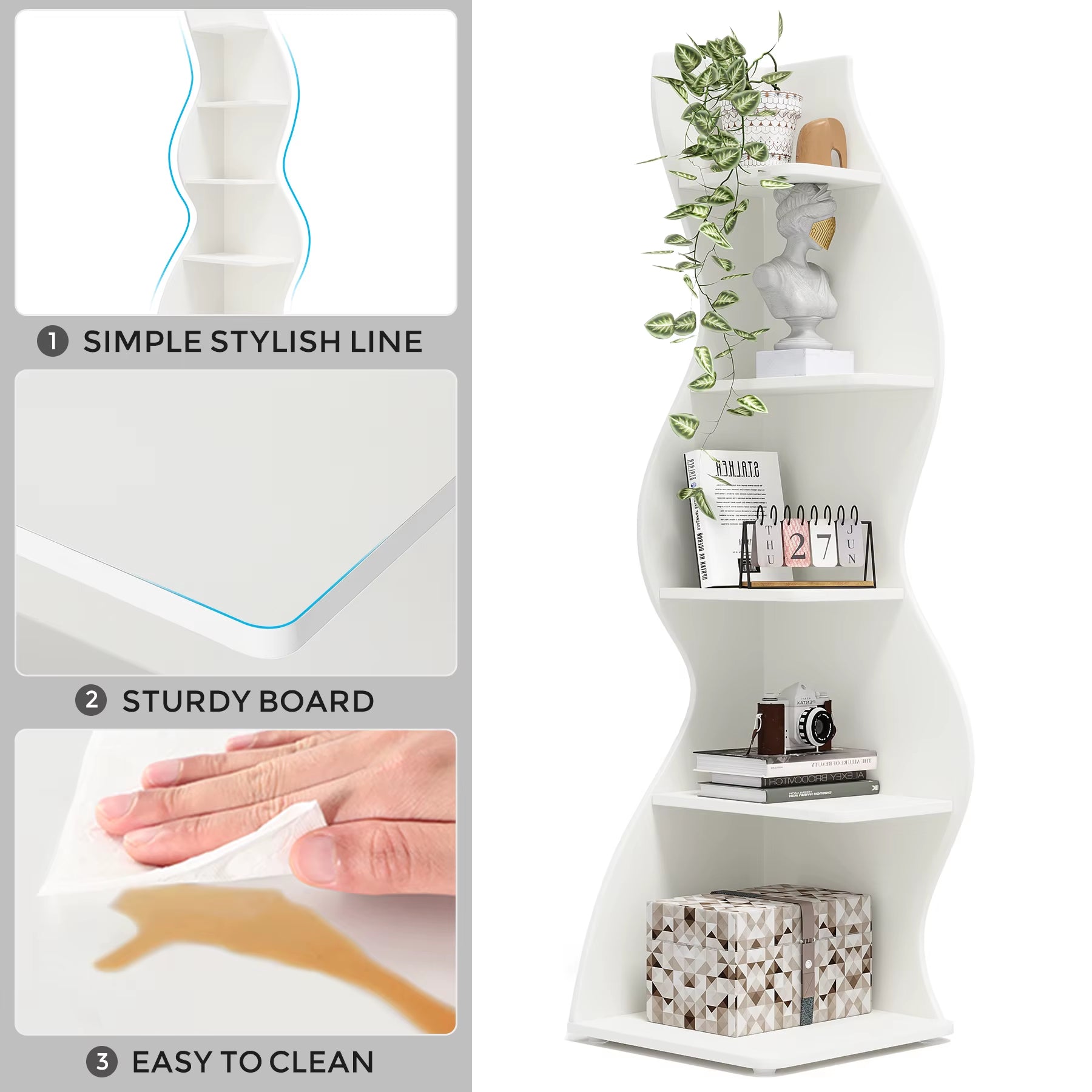 Modern 5-Tier Corner Shelf – White Wall Corner Bookshelf & Storage Unit