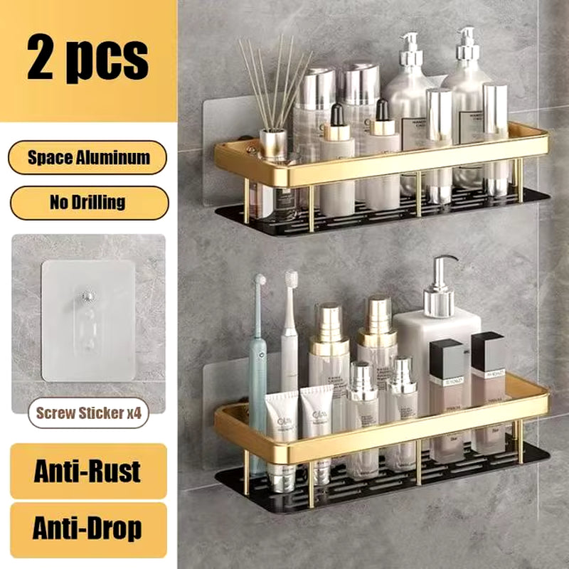 No-Drill Bathroom Shelf – Wall Mounted Aluminum Shower & Toilet Storage Rack