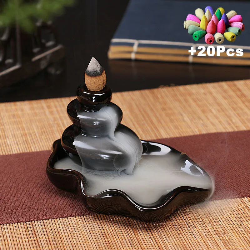 Ceramic Backflow Incense Burner with 20 Cones – Creative Home & Teahouse Decor, Meditation & Relaxation Aid