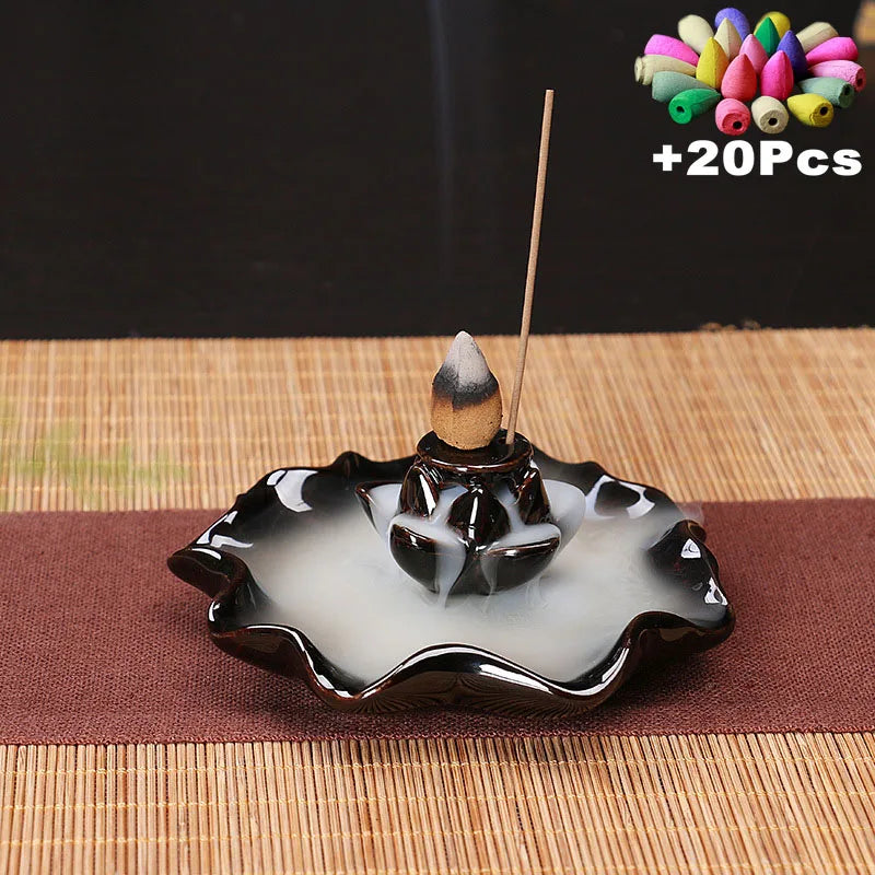 Ceramic Backflow Incense Burner with 20 Cones – Creative Home & Teahouse Decor, Meditation & Relaxation Aid
