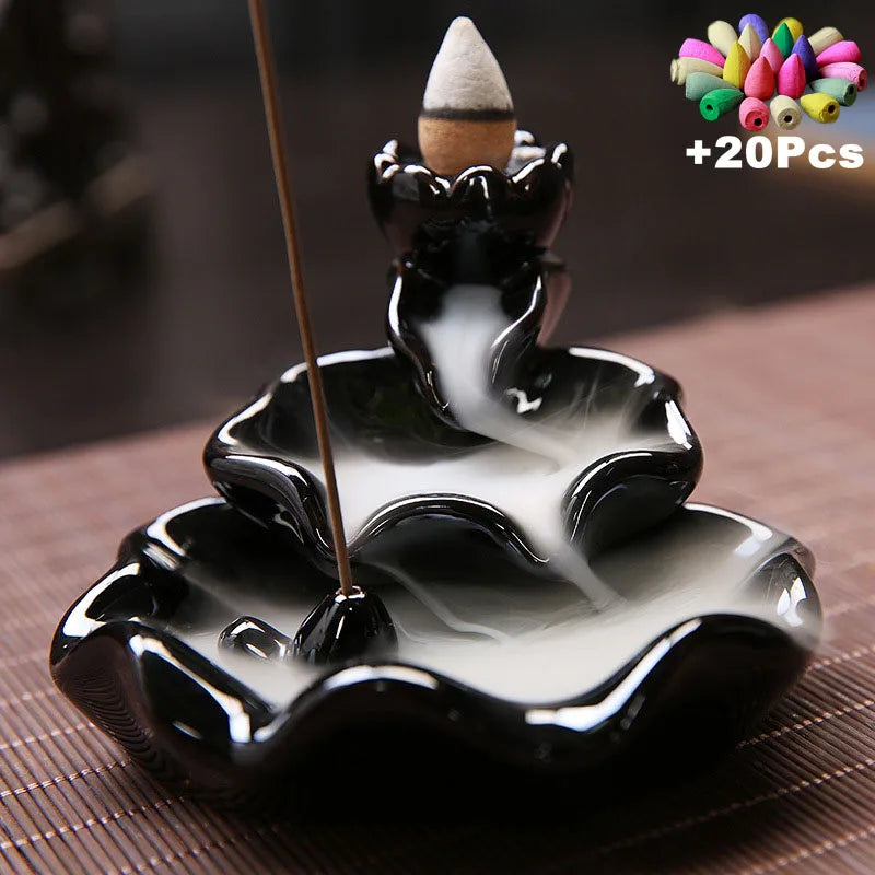 Ceramic Backflow Incense Burner with 20 Cones – Creative Home & Teahouse Decor, Meditation & Relaxation Aid
