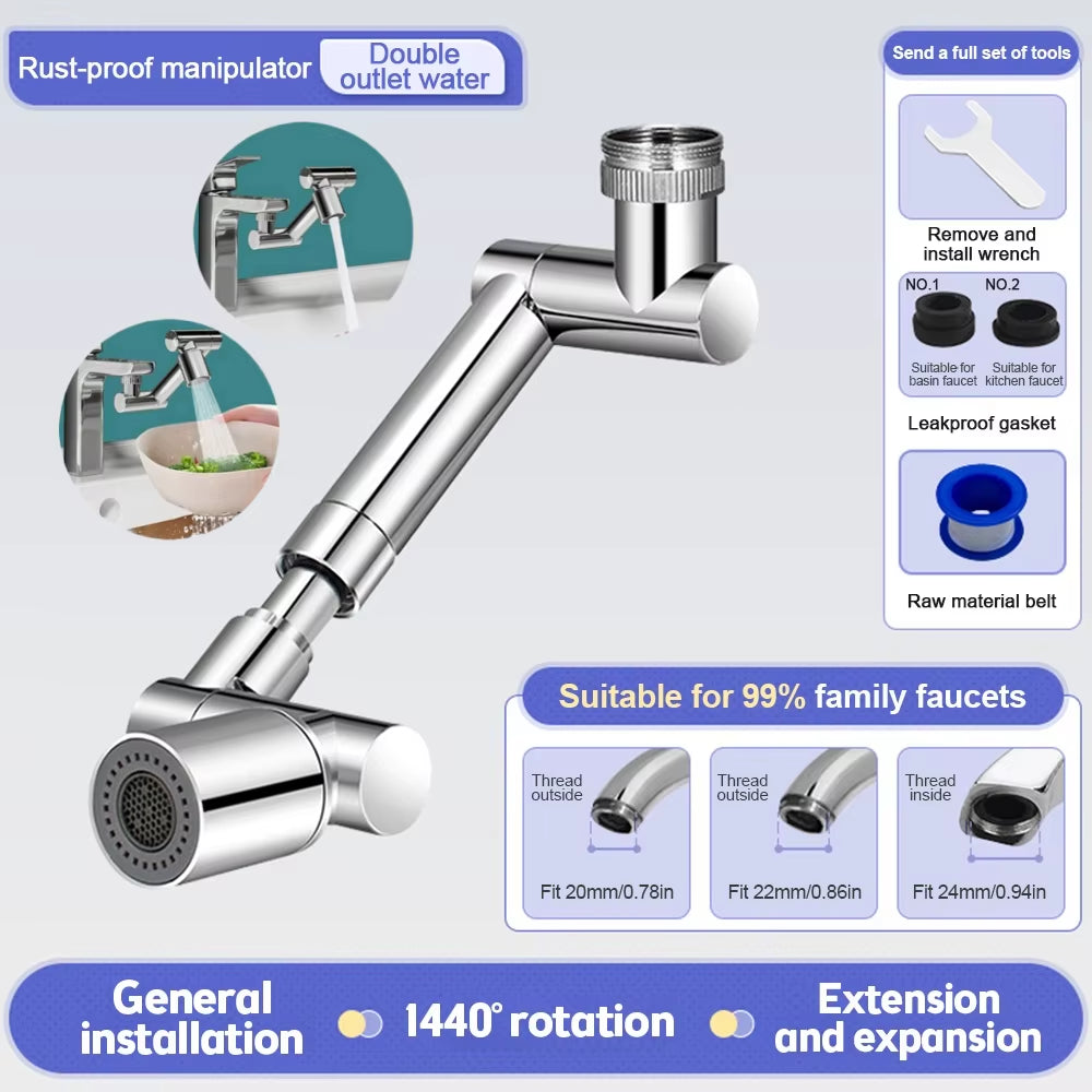 1440° Rotatable Scalable Metal Faucet Extender – Splash-Proof Water-Saving Tap Aerator for Kitchen & Bathroom
