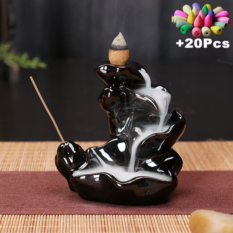 Ceramic Backflow Incense Burner with 20 Cones – Creative Home & Teahouse Decor, Meditation & Relaxation Aid