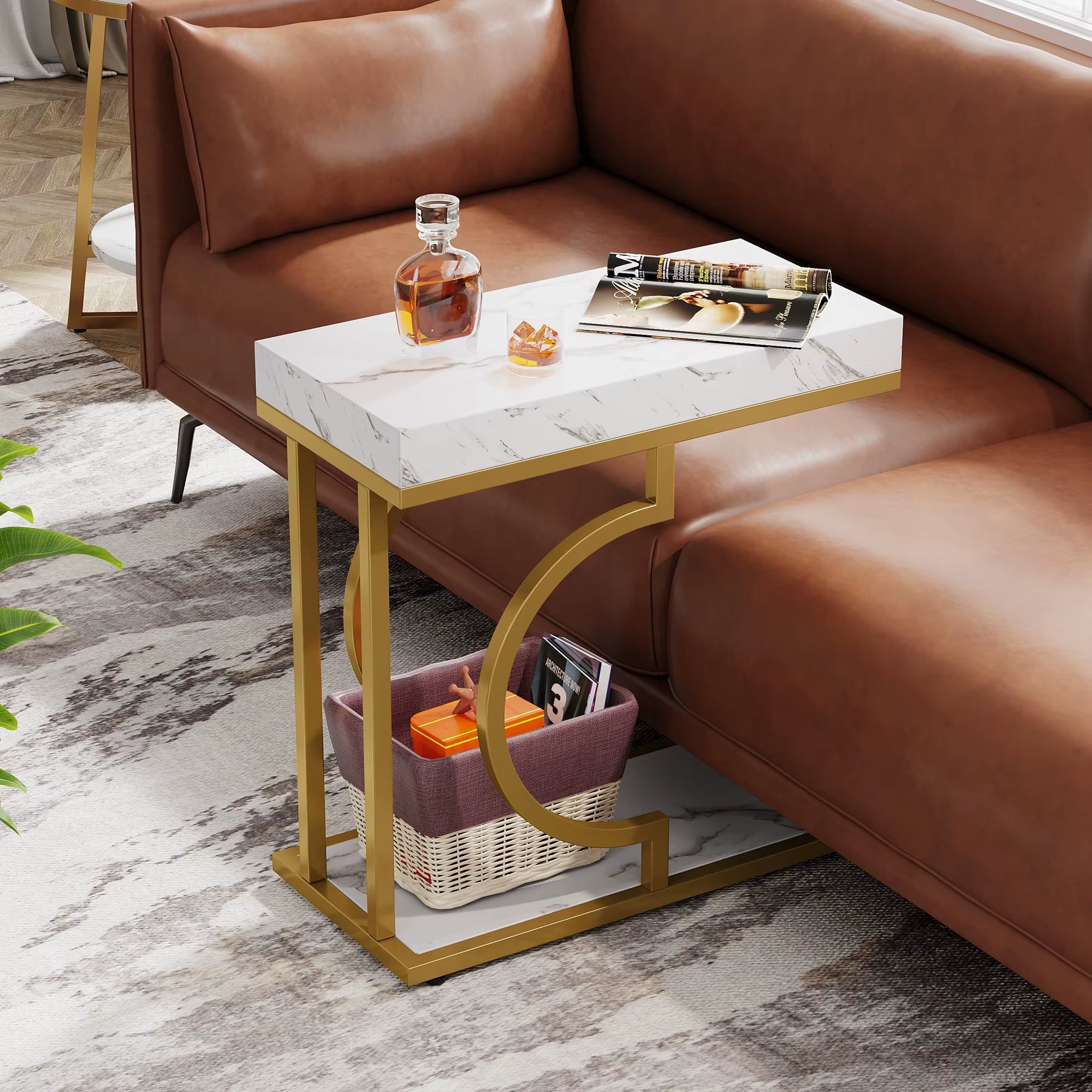 Modern C-Shaped Side Table – White & Gold Narrow End Table for Couch, Bedside, or Small Rooms