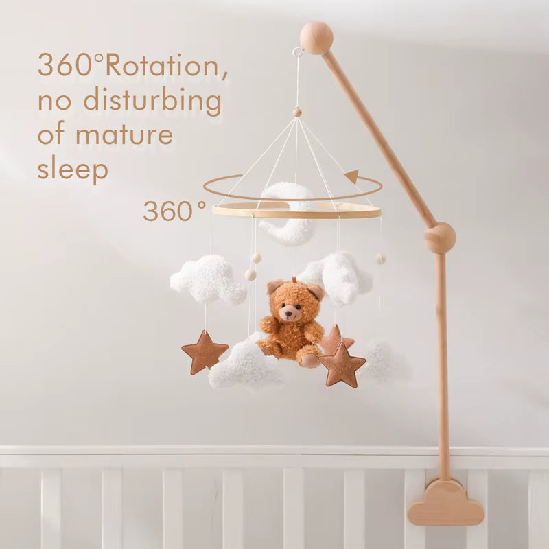 Wooden Baby Crib Mobile – Soft Felt Cartoon Bear Music Hanging Toy for Newborns