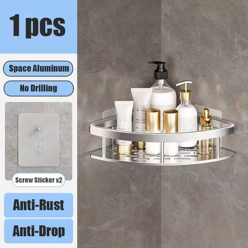 No-Drill Bathroom Shelf – Wall Mounted Aluminum Shower & Toilet Storage Rack