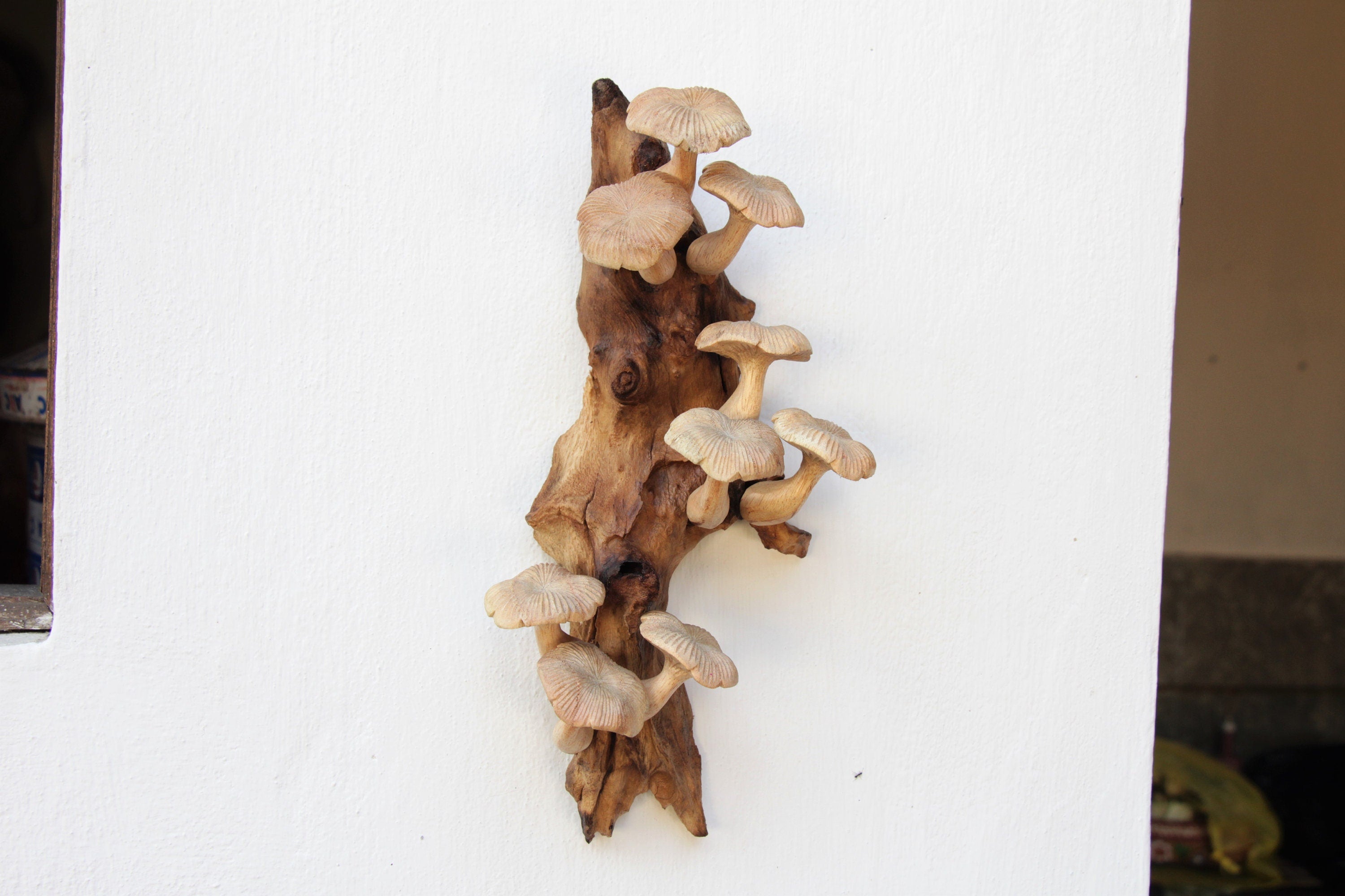 Hand-Carved Wooden Mushroom Wall Art – Rustic Driftwood Cottagecore Nature Decor