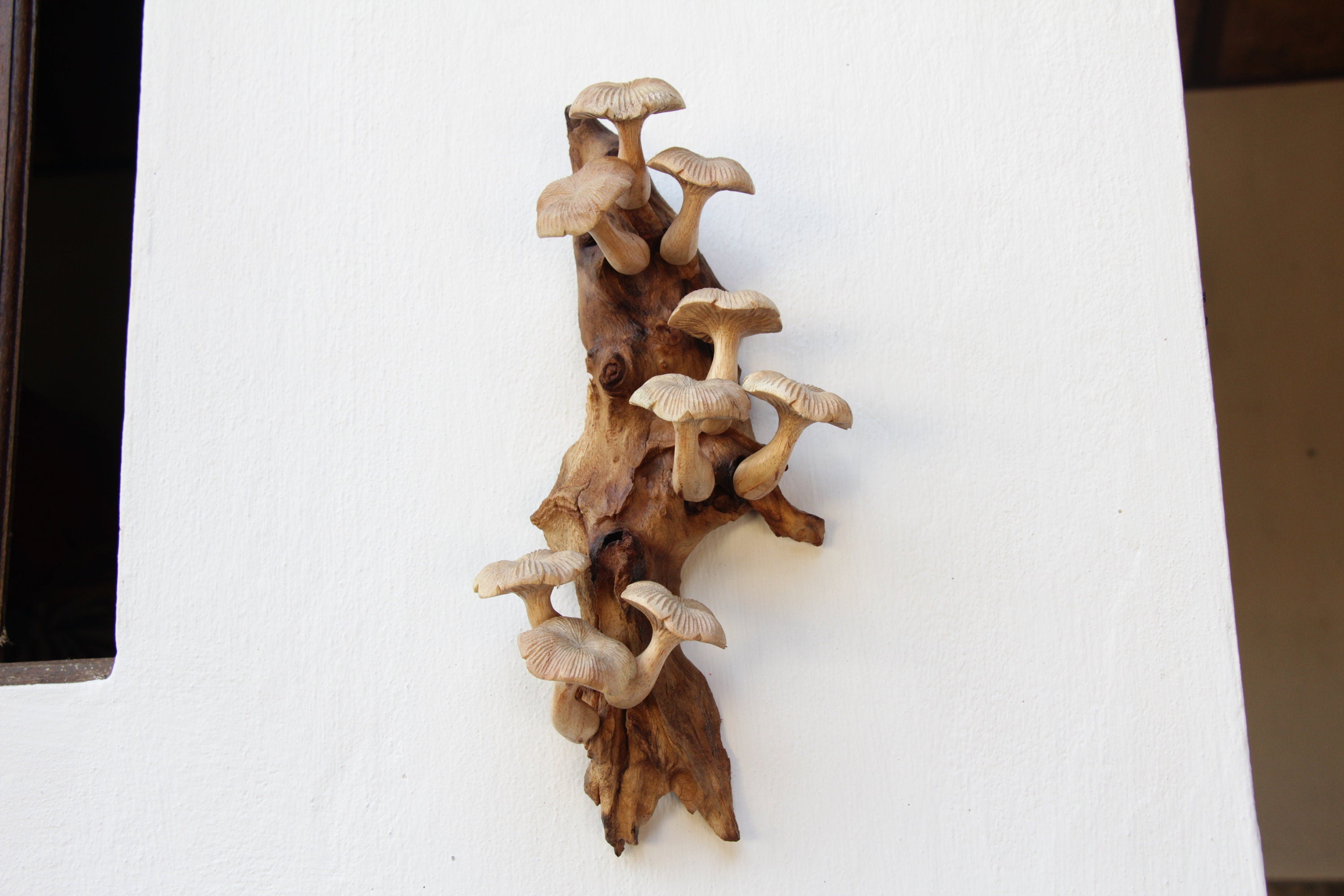 Hand-Carved Wooden Mushroom Wall Art – Rustic Driftwood Cottagecore Nature Decor
