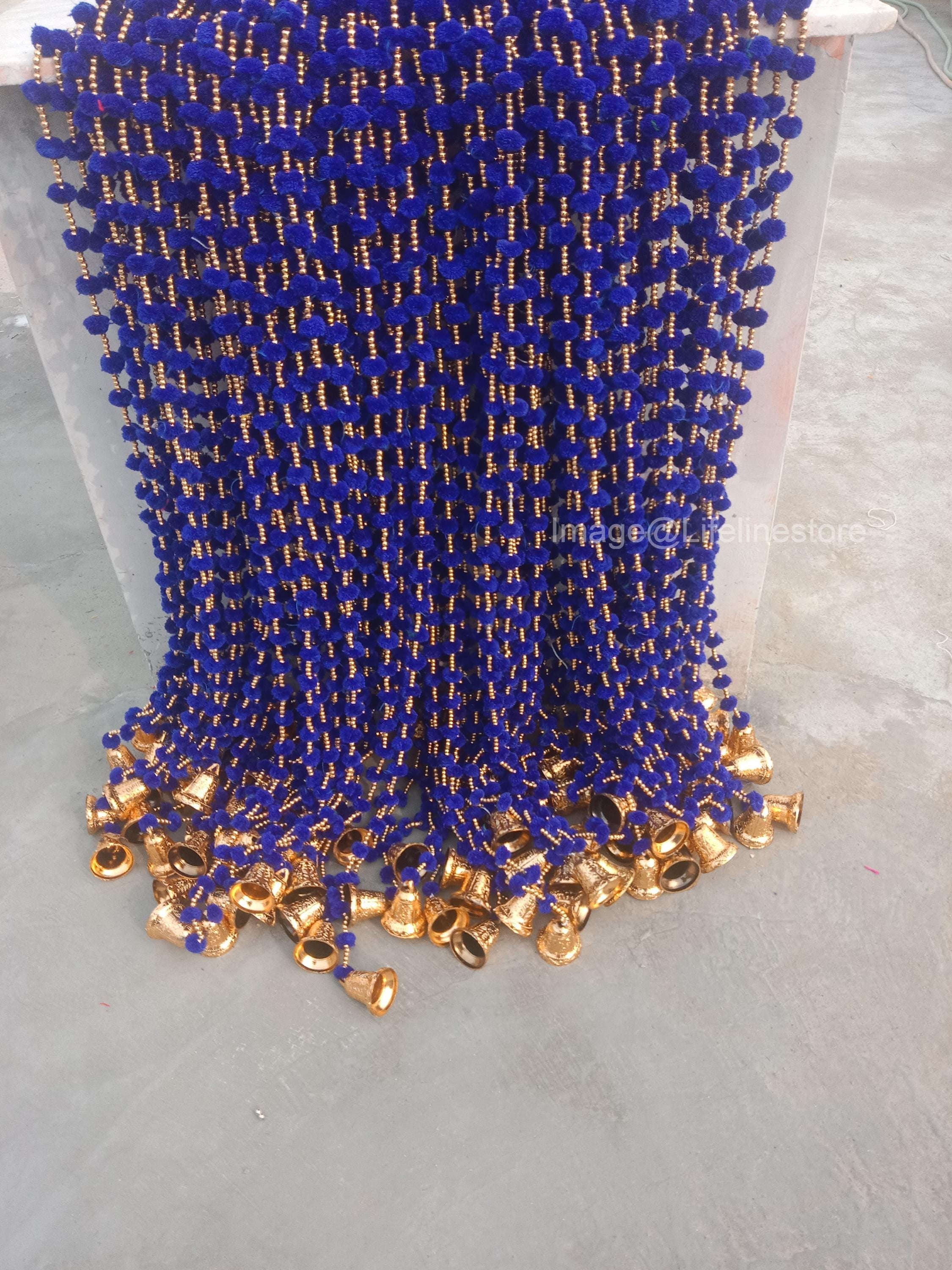 Indian Pom Pom Bell Garland – Handmade Wedding & Mehndi Backdrop Decor with Artificial Marigold Flowers