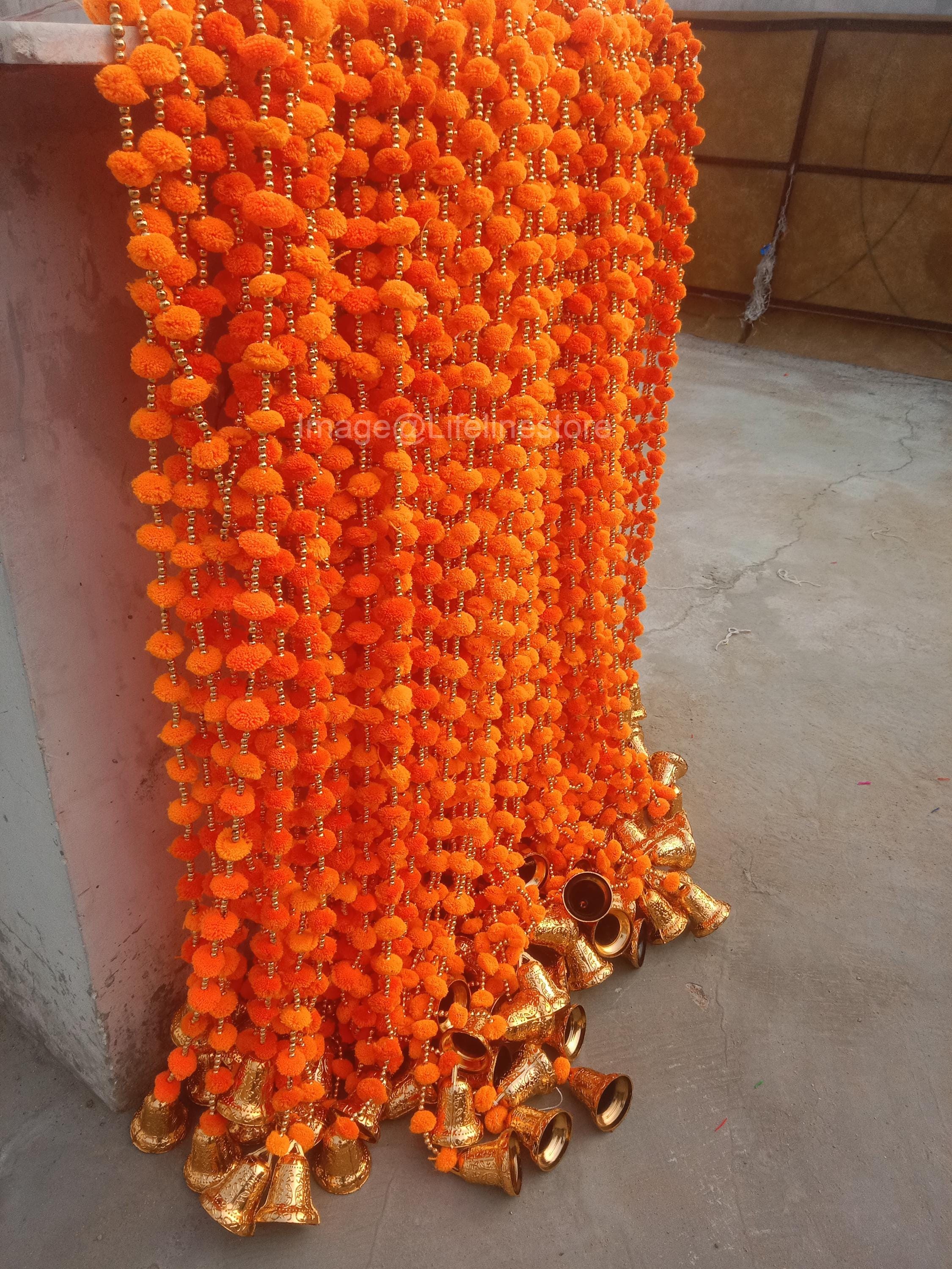 Indian Pom Pom Bell Garland – Handmade Wedding & Mehndi Backdrop Decor with Artificial Marigold Flowers
