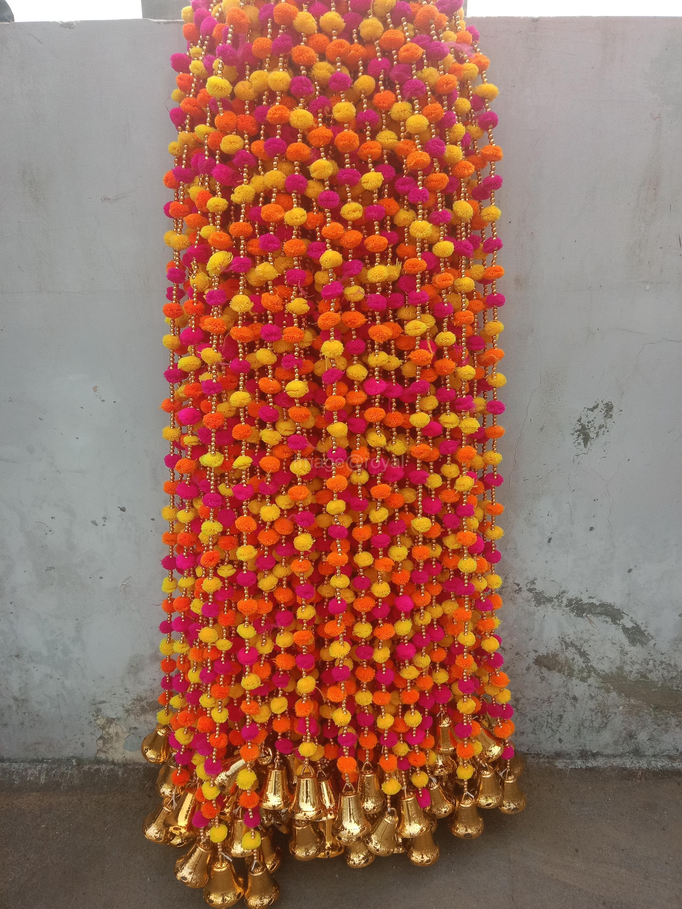 Indian Pom Pom Bell Garland – Handmade Wedding & Mehndi Backdrop Decor with Artificial Marigold Flowers