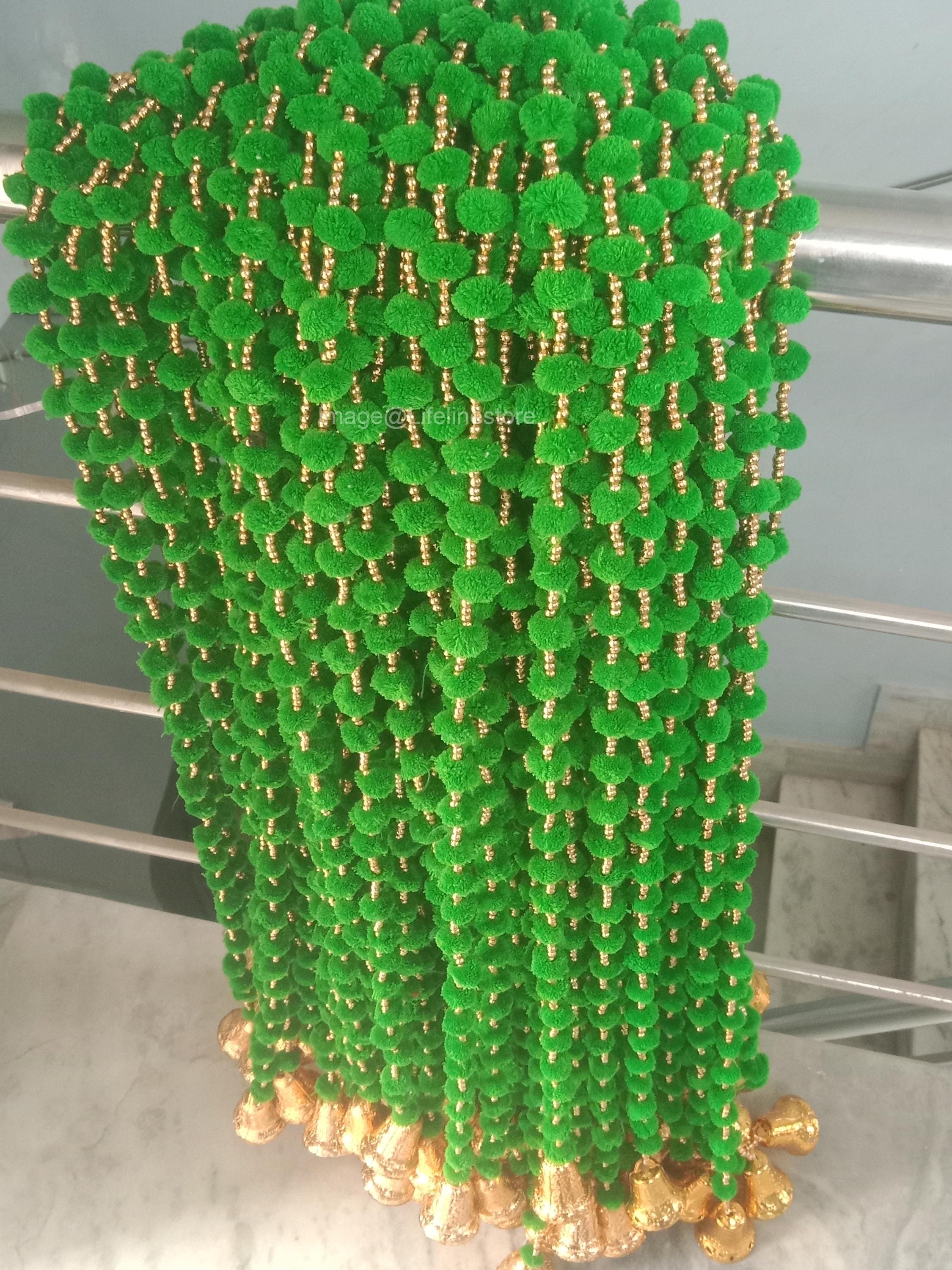 Indian Pom Pom Bell Garland – Handmade Wedding & Mehndi Backdrop Decor with Artificial Marigold Flowers